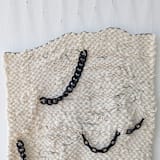 "VINCULUM Collection© XI, Modern Weaving, Fiber Art with Edgy Black/Gold Chains and Details" - Original Painting in natural by Damaris Kovach