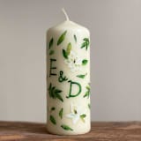 "Monogrammed Ivory with Magnolia and Greenery Hand-Painted 6” Pillar Candle, Set of 1" - Candles and Holders in beige by Ashley Myers