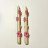 "Beige And Pink Camellia Blossom Tapers" - Candles and Holders in multicolor by Over By The Moon
