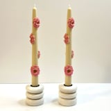 "Beige And Pink Camellia Blossom Tapers" - Candles and Holders in multicolor by Over By The Moon