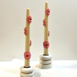 "Beige And Pink Camellia Blossom Tapers" - Candles and Holders in multicolor by Over By The Moon