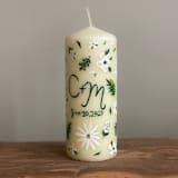 "Monogrammed Ivory with Greenery and White Floral Hand-Painted 6” Pillar Candle, Set of 1" - Candles and Holders in beige by Ashley Myers