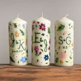 "Monogrammed Ivory with Greenery and Pastel Floral Hand-Painted 6” Pillar Candle, Set of 1" - Candles and Holders in beige by Ashley Myers