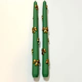 "Green And Gold Ribbons Taper Set" - Candles and Holders in multicolor by Over By The Moon
