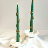 "Green And Gold Ribbons Taper Set" - Candles and Holders in multicolor by Over By The Moon