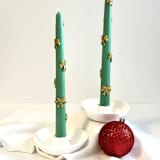 "Green And Gold Ribbons Taper Set" - Candles and Holders in multicolor by Over By The Moon