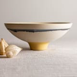 "Glazed Yellow Porcelain Vessel with manganese Lines 5" - Decorative Object in yellow by Lisa Fleming