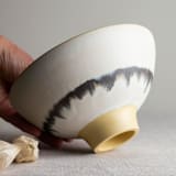 "Glazed Yellow Porcelain Vessel with Manganese Lines 8" - Decorative Object in yellow by Lisa Fleming