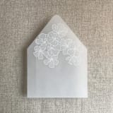 "White camellia floral printed vellum envelope liner for A7 euro flap envelope | pack of 10" - Envelope Liners in white by Ivory Invitations
