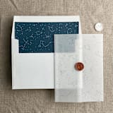 "white ink print Stella Celestial printed dark teal blue envelope liner for A7 square flap envelope" - Envelope Liners in blue by Ivory Invitations