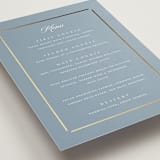 "Elegant bevel" - Foil-Pressed Menus in Dusty Blue by Stacey Meacham - Detail