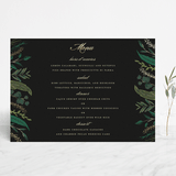 "Emerald Leaves" - Foil-Pressed Menus in Midnight by Susan Moyal - Front