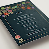 "Gilded Tapestry" - Foil-Pressed Menus in Midnight Garden by Simona Camp - Detail