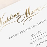 "Timeless Grace" - Foil-Pressed Menus in Gold by Kimberly FitzSimons - Detail