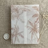 "Palm trees beach side cashmere printed vellum wrap for 5x7 card | pack of 10" - Invitation Jackets and Overlays in beige by Ivory Invitations