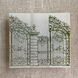 "Moss vintage arched gate printed vellum wrap for 5x7 card | pack of 10" - Invitation Jackets and Overlays in beige by Ivory Invitations