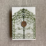 "Moss vintage arched gate printed vellum wrap for 5x7 card | pack of 10" - Invitation Jackets and Overlays in beige by Ivory Invitations