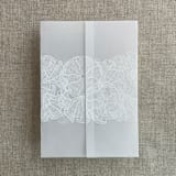 "White ink print Ruffled floral lace ribbon printed vellum wrap for 5x7 card | pack of 10" - Invitation Jackets and Overlays in white by Ivory Invitations