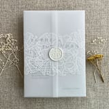 "White ink print Ruffled floral lace ribbon printed vellum wrap for 5x7 card | pack of 10" - Invitation Jackets and Overlays in white by Ivory Invitations