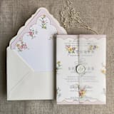 "Clara pink scallop floral edge printed vellum wrap for 5x7 card | pack of 10" - Invitation Jackets and Overlays in pink by Ivory Invitations