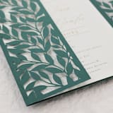 "Green Laser Cut Gatefold with Leaf Motif for 5x7 Card | Set of 10 | Envelopes Included" - Invitation Jackets and Overlays in green by Self Stationery