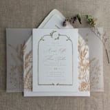 "Faux Gold English botanical garden floral vellum wrap for 5x7 card | pack of 10" - Invitation Jackets and Overlays in gold by Ivory Invitations
