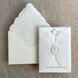 "Alba layered laser cut white translucent vellum wrap for 5x7 card | sets of 10" - Invitation Jackets and Overlays in white by Ivory Invitations
