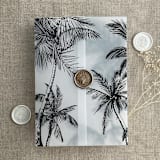 "Palm trees beach side black printed vellum wrap for 5x7 card | pack of 10" - Invitation Jackets and Overlays in black by Ivory Invitations