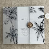 "Palm trees beach side black printed vellum wrap for 5x7 card | pack of 10" - Invitation Jackets and Overlays in black by Ivory Invitations