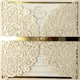 "Cream Laser Cut Cover | Set of 10 | Envelopes Included" - Invitation Jackets and Overlays in beige by Self Stationery