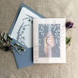 "White ink print Willow leaves and rose flower canopy printed vellum wrap for 5x7 card | pack of 10" - Invitation Jackets and Overlays in white by Ivory Invitations