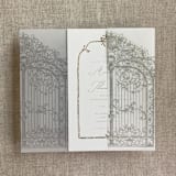 "Oyster vintage arched gate printed vellum wrap for 5x7 card | pack of 10" - Invitation Jackets and Overlays in gray by Ivory Invitations