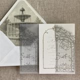 "Oyster vintage arched gate printed vellum wrap for 5x7 card | pack of 10" - Invitation Jackets and Overlays in gray by Ivory Invitations