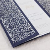 "Elegant Navy Blue Laser Cut Invitation Cover for 5x7 Card | Set of 10 | Envelopes Included" - Invitation Jackets and Overlays in blue by Self Stationery
