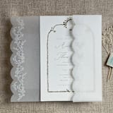 "White floral printed scallop edge vellum wrap for 5x7 card | pack of 10" - Invitation Jackets and Overlays in white by Ivory Invitations