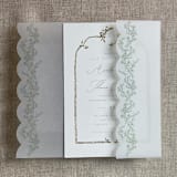 "Sage floral printed scallop edge vellum wrap for 5x7 card | pack of 10" - Invitation Jackets and Overlays in green by Ivory Invitations