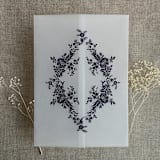 "Midnight blue print French floral crest vellum wrap for 5x7 card | pack of 10" - Invitation Jackets and Overlays in blue by Ivory Invitations