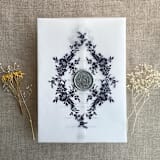 "Midnight blue print French floral crest vellum wrap for 5x7 card | pack of 10" - Invitation Jackets and Overlays in blue by Ivory Invitations