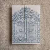 "Steel blue vintage style arched gate to the palace gardens vellum wrap for 5x7 card | pack of 10" - Invitation Jackets and Overlays in blue by Ivory Invitations