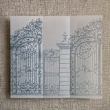 "Steel blue vintage style arched gate to the palace gardens vellum wrap for 5x7 card | pack of 10" - Invitation Jackets and Overlays in blue by Ivory Invitations