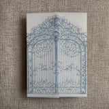 "Steel blue vintage style arched gate to the palace gardens vellum wrap for 5x7 card | pack of 10" - Invitation Jackets and Overlays in blue by Ivory Invitations