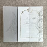 "Oyster etched grand peony floral printed vellum wrap for 5x7 card  | pack of 10" - Invitation Jackets and Overlays in gray by Ivory Invitations