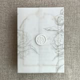 "Oyster etched grand peony floral printed vellum wrap for 5x7 card  | pack of 10" - Invitation Jackets and Overlays in gray by Ivory Invitations