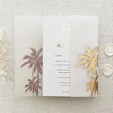 "Palm Vellum Wrap for 5x7 Wedding Invitation, Tropical Gold Foil Vellum Jacket, Beach Destination Invite, Set of 10" - Invitation Jackets and Overlays in gold by Self Stationery