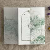"Sage vineyard landscape sketch printed vellum wrap for 5x7 card | pack of 10" - Invitation Jackets and Overlays in green by Ivory Invitations