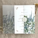 "Blue bell blossom floral printed vellum wrap for 5x7 card | pack of 10" - Invitation Jackets and Overlays in blue by Ivory Invitations
