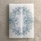 "Steel blue La belle antique rose floral lace printed vellum wrap for 5x7 card  | pack of 10" - Invitation Jackets and Overlays in blue by Ivory Invitations