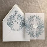 "Steel blue La belle antique rose floral lace printed vellum wrap for 5x7 card  | pack of 10" - Invitation Jackets and Overlays in blue by Ivory Invitations