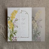 "Eleanor yellow and pink floral botanic garden printed vellum wrap for 5x7 card | pack of 10" - Invitation Jackets and Overlays in yellow by Ivory Invitations