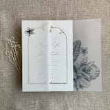 "Dark Navy Chelsea tropical flowers and leaves printed vellum wrap for 5x7 card | pack of 10" - Invitation Jackets and Overlays in blue by Ivory Invitations